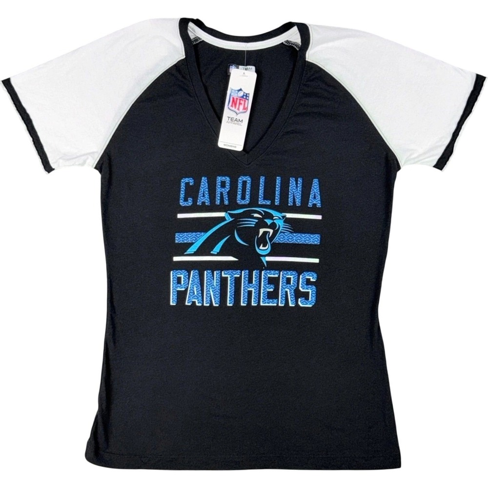 NEW Carolina Panthers Women's Large V-Neck T-Shirt NFL Team Apparel Black White